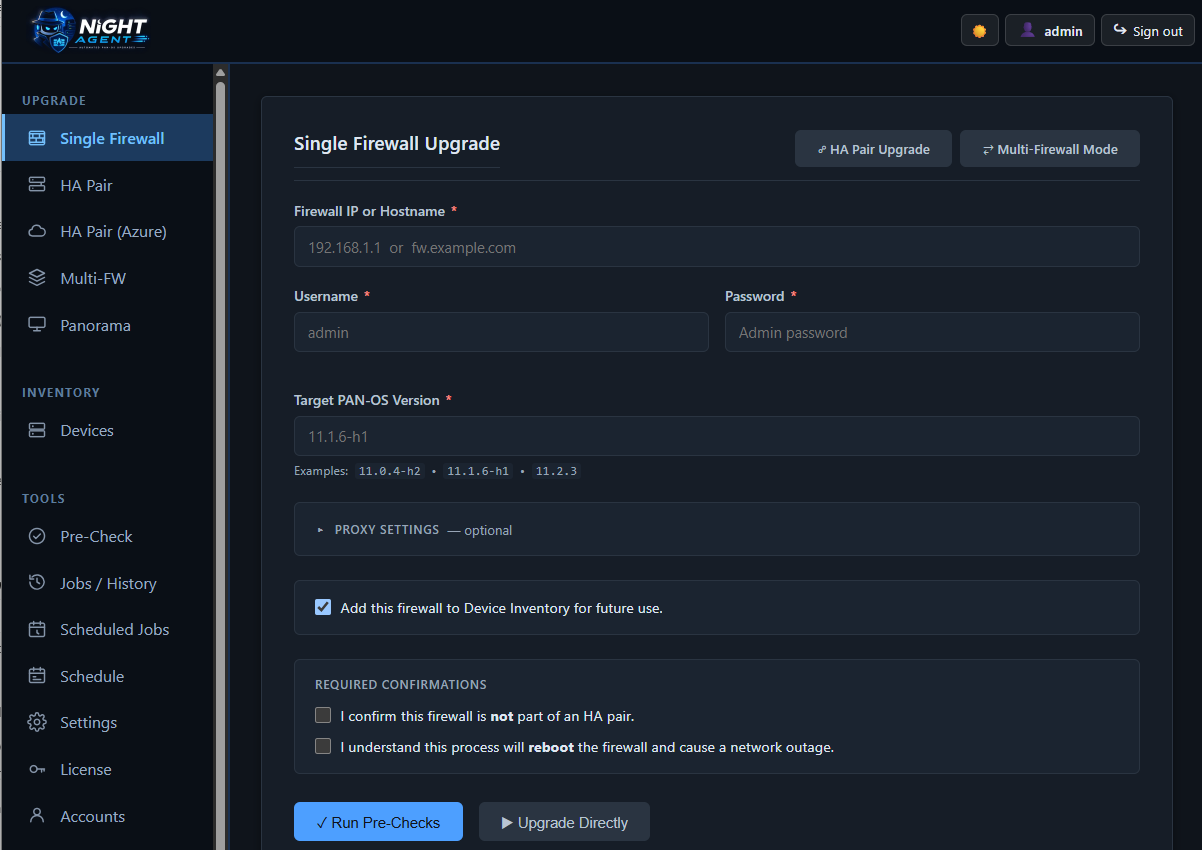 The single firewall upgrade form